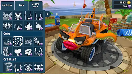 Beach Buggy Racing 2 v2025.05.19 (Mod Menu, Unlimited Money) 1 Garage screen showing car upgrades and customizations in Beach Buggy Racing 2