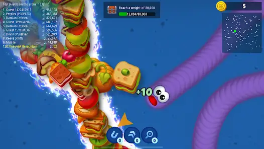 Worms Zone MOD APK v6.10.2 (Mega Menu, Unlocked All Costumes, Money) 3 Worm making a sharp turn to escape attack in Worm Zone